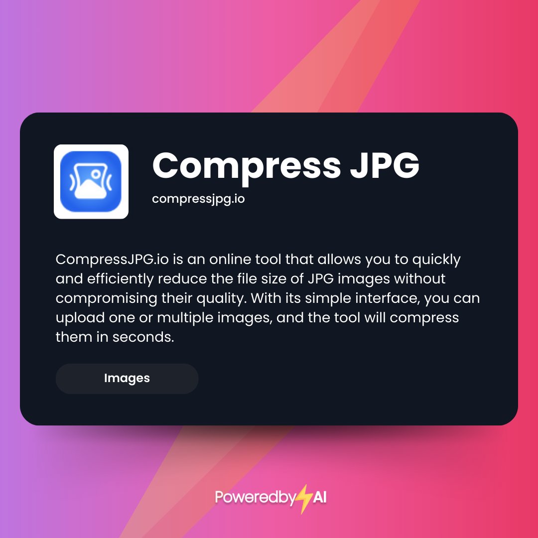 poweredbyai_app's tweet image. 🖼️ Need to reduce your JPG file sizes without losing quality? Compress JPG offers fast, easy compression for all your images.

Start compressing your images now! 👉poweredbyai.app/project/compre…

#ImageOptimization #JPEG #WebTools #TechSavvy