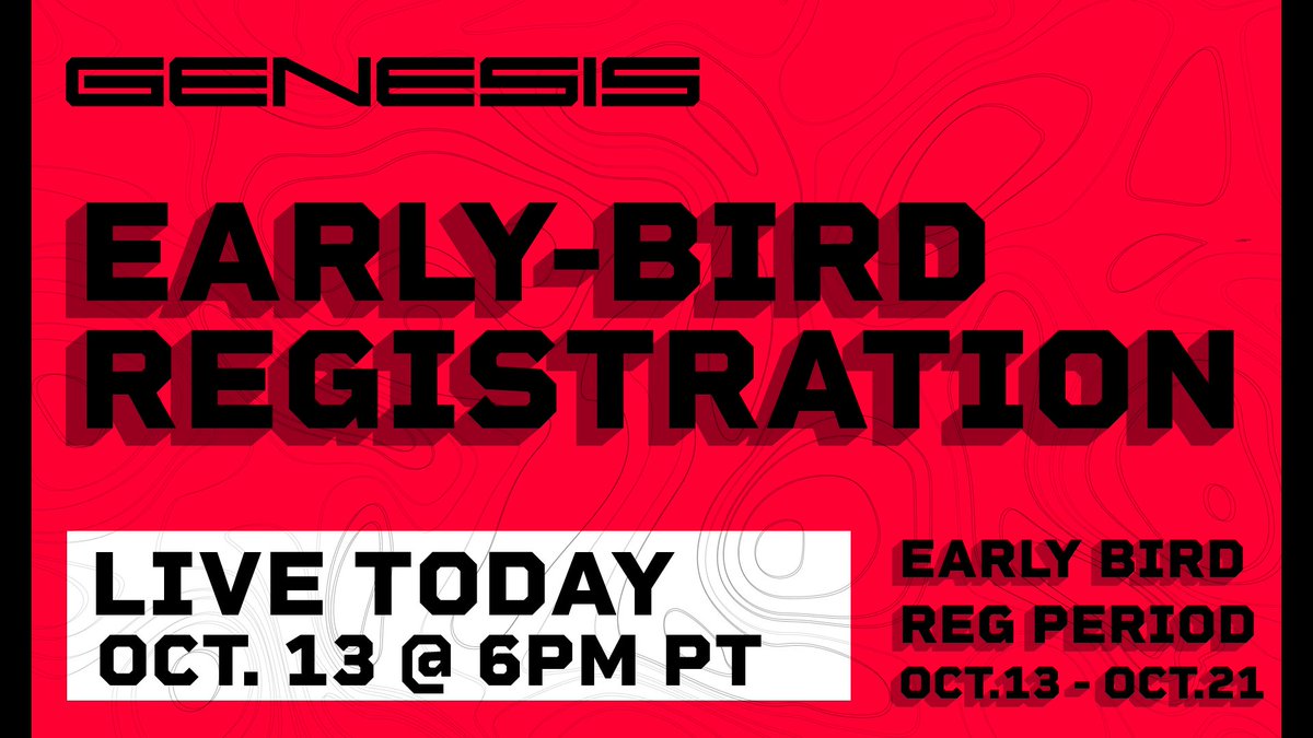 Early Bird Registration for Genesis will be going live at 6pm PT TONIGHT! (roughly 3.5 hours from now)

RT FOR VISIBILITY!