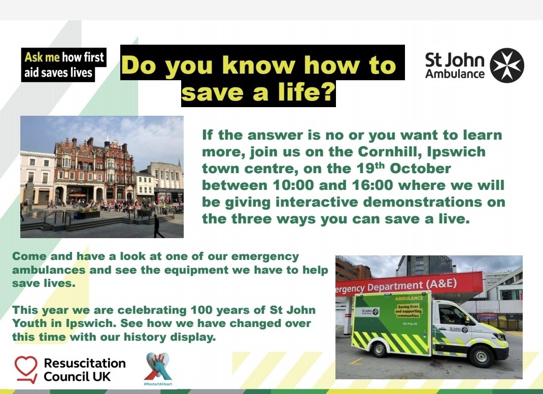 SJASuffolkyouth (@sjasuffolkyouth) on Twitter photo Come and join the Ipswich cadets and badgers and learn how to save a life. Saturday 19th October, Ipswich Cornhill.
#RestartAHeart
<a href="/ResusCouncilUK/">Resuscitation Council UK</a> <a href="/SJASuffolk/">St John Ambulance Suffolk</a> <a href="/SJAsuffolkCOTY/">SJASuffolkCOTY</a> <a href="/stjohnambulance/">St John Ambulance England</a> <a href="/IpswichGov/">IpswichGov</a> Come and join the Ipswich cadets and badgers and learn how to save a life. Saturday 19th October, Ipswich Cornhill.
#RestartAHeart
<a href="/ResusCouncilUK/">Resuscitation Council UK</a> <a href="/SJASuffolk/">St John Ambulance Suffolk</a> <a href="/SJAsuffolkCOTY/">SJASuffolkCOTY</a> <a href="/stjohnambulance/">St John Ambulance England</a> <a href="/IpswichGov/">IpswichGov</a>
