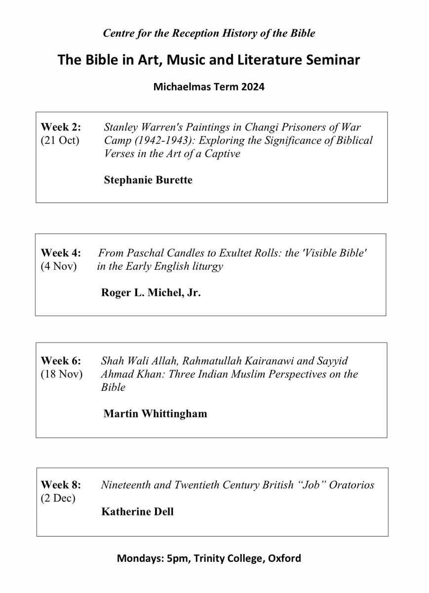 Christine Joynes (@cejoynes) on Twitter photo If you're in Oxford, don't miss this term's fabulous seminars, starting Mon 21 Oct, 5pm at Trinity with Stephanie Burette on Stanley Warren and the art of a captive <a href="/OU_TheoReligion/">Oxford Faculty of Theology & Religion</a> <a href="/UniofOxford/">University of Oxford</a> <a href="/siobhan_jolley/">Dr Siobhán Jolley</a> <a href="/NTRight/">Dr Michelle Fletcher</a> If you're in Oxford, don't miss this term's fabulous seminars, starting Mon 21 Oct, 5pm at Trinity with Stephanie Burette on Stanley Warren and the art of a captive <a href="/OU_TheoReligion/">Oxford Faculty of Theology & Religion</a> <a href="/UniofOxford/">University of Oxford</a> <a href="/siobhan_jolley/">Dr Siobhán Jolley</a> <a href="/NTRight/">Dr Michelle Fletcher</a>