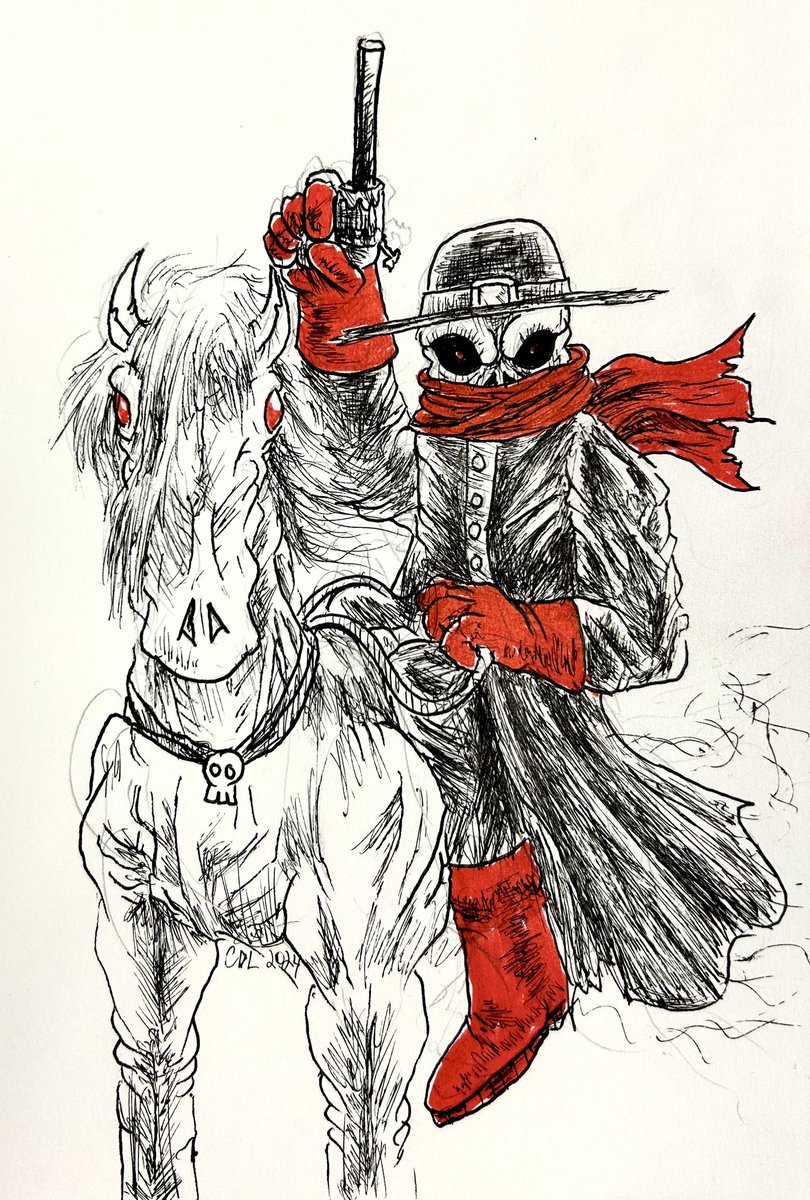OracleObvious's tweet image. A very quick sketch of an idea I’m batting around. A rider on a pale horse with some splashes of color

I don’t know how to draw horses, guns or cowboys.