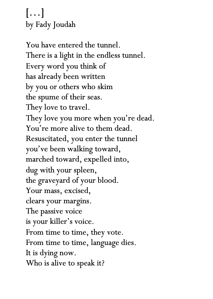 From time to time, they vote. 
From time to time, language dies. 

—Fady Joudah