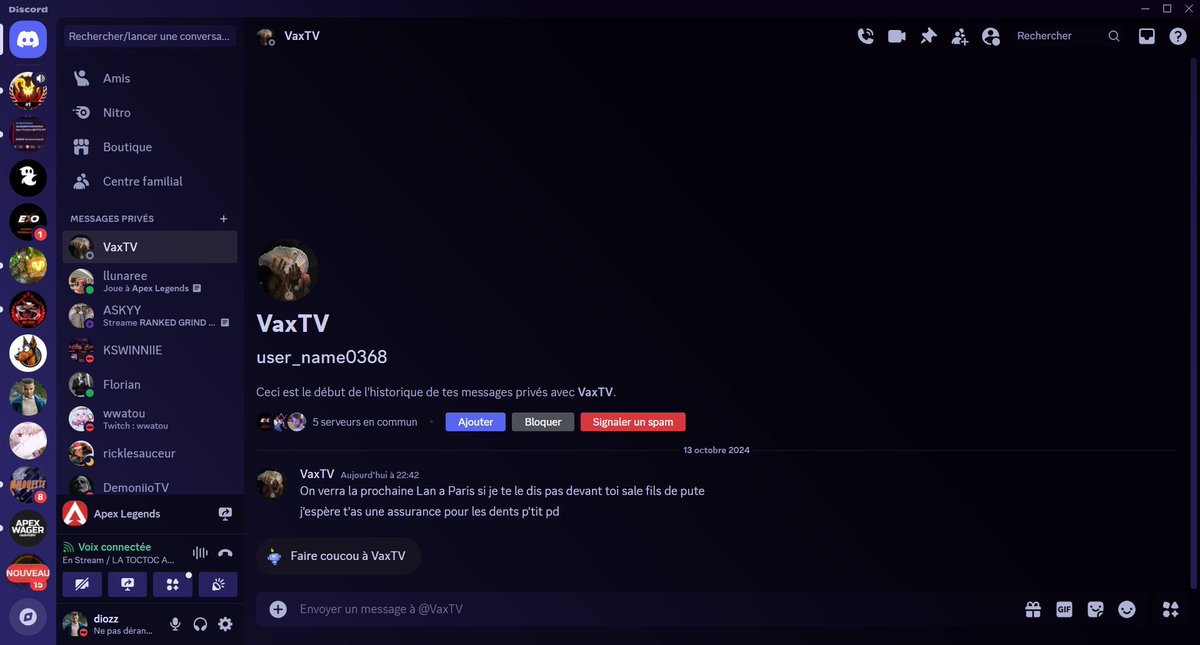 diozz_z's tweet photo. je fais ce tweet car avec @Askyyy5 &amp; @dilausorus ont se fait stream hack , par des gens pas trop legit qui se rename en fessant comprendre qu'il savais qu'on dropperais la j'ai recu aussi dans mes mp des insultes homohpobe et des menaces en Lan y'a il moyen de faire quelque chose https://t.co/Vai8J9zWhz