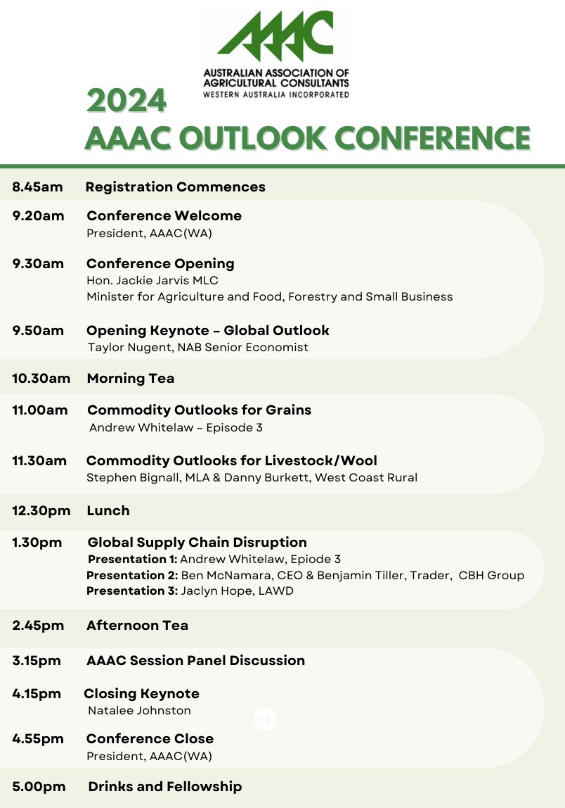 Outlook Conference 2024 is just 7 weeks away! 
Will you be joining us? 

Theme: Global Supply Chain Disruption
Location: Burswood on Swan

Get your tickets today: trybooking.com/CUQTS