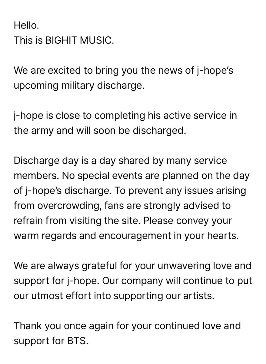 kookflowers's tweet image. “Estamos empolgados em trazer a notícia da próxima dispensa militar de J-hope. J-hope está perto de completar seu serviço ativo no exército e em breve será dispensado… Obrigado mais uma vez pelo seu amor e apoio contínuos ao BTS.” O anúncio da saída de Jung Hoseok no weverse