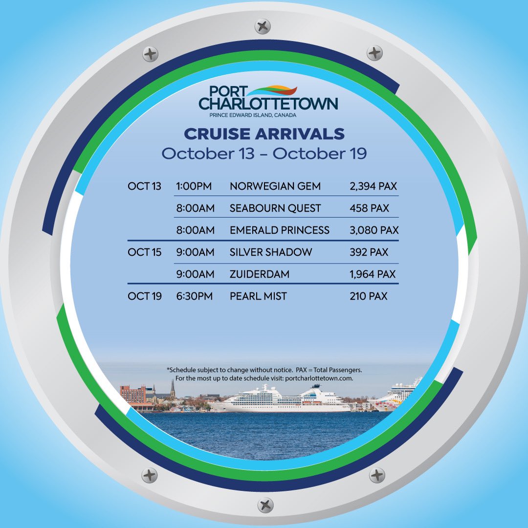 Feel that crisp fall breeze? 🍂🌬️ It’s bringing in our October cruise ships to Port Charlottetown, check out our schedule for arrivals this week!