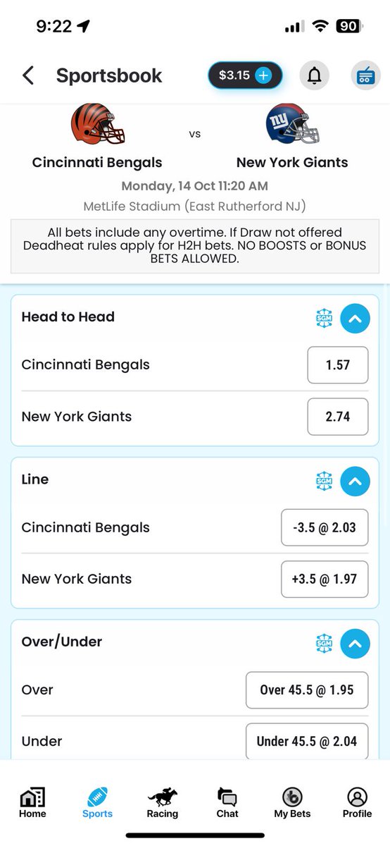 buddybet's tweet photo. 100% markets for the Bengals @ Giants NFL at 11.20am today
Where else do you get the equivalent of $2 lines?
All welcome!
What are you prepared to lose today? 
Set a deposit limit. https://t.co/2Bec8dcZup