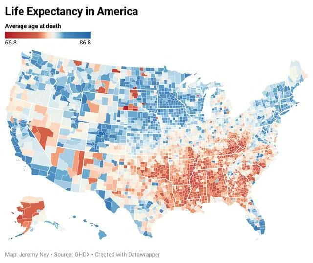APompliano's tweet image. Americans in the southeast die 10-20 years earlier than people in other parts of the country.

Shocking when you see it visualized like this.

(Credit: Jeremy Ney)