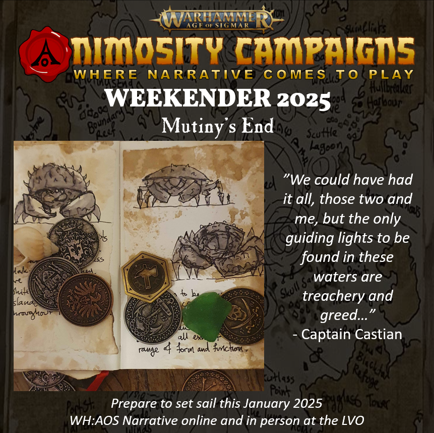 The WH:AOS Grand Narrative will be in person for the LVO-2025 again! Also as an online campaign! 
1) There might be pirates! 
2) The Crabs are huge! 
3) Treasure! Nuff' said!!! 
#AOS #narrativeplay #GamesWorkshop #WarhammerCommunity #Warhammer #LVO2025