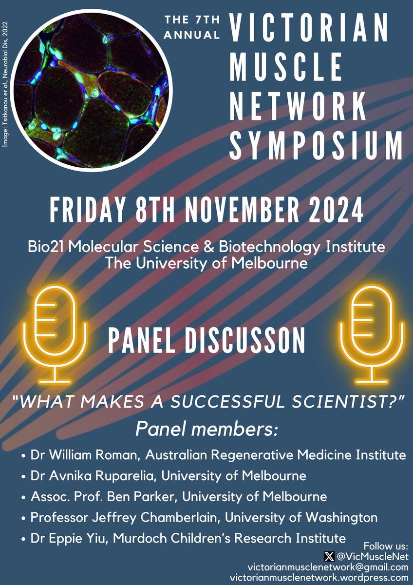 VictorianMuscleNetwork (@vicmusclenet) on Twitter photo 🎤 Exciting update! The <a href="/VicMuscleNet/">VictorianMuscleNetwork</a> will feature a panel discussion with experts in the field:
Dr. William Roman <a href="/Wi_Roman/">William Roman</a>
Dr. Avnika Ruparelia <a href="/Avnika_R/">Dr Avnika Ruparelia</a>
A/Prof. Ben Parker <a href="/BenParkerLab/">Benjamin Parker</a>
Prof. Jeffrey Chamberlain
Dr. Eppie Yiu
Join us for an insightful conversation on Nov 8th 🎤 Exciting update! The <a href="/VicMuscleNet/">VictorianMuscleNetwork</a> will feature a panel discussion with experts in the field:
Dr. William Roman <a href="/Wi_Roman/">William Roman</a>
Dr. Avnika Ruparelia <a href="/Avnika_R/">Dr Avnika Ruparelia</a>
A/Prof. Ben Parker <a href="/BenParkerLab/">Benjamin Parker</a>
Prof. Jeffrey Chamberlain
Dr. Eppie Yiu
Join us for an insightful conversation on Nov 8th