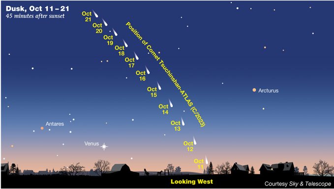 NWSWakefieldVA's tweet photo. GOES satellite imagery shows mostly clear skies across the area with a bit of wildfire smoke aloft. This should result in decent comet viewing conditions this evening. Look west 45 min or so after sunset. The comet should be about two fists at arm's length to the right of Venus https://t.co/OubSDYak8E
