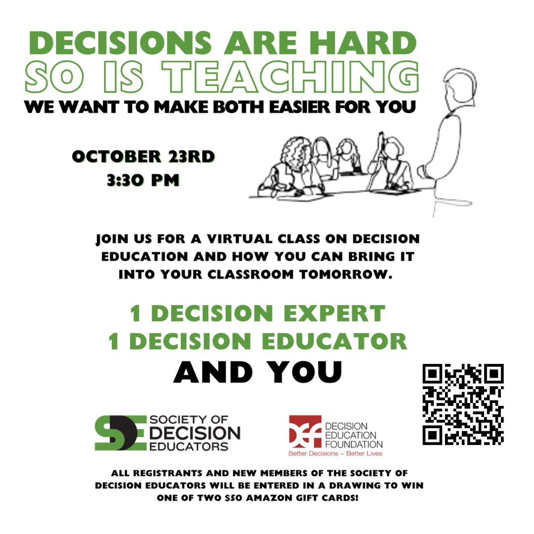 Decision_Edu's tweet image. JOIN US FOR A VIRTUAL CLASS ON DECISION EDUCATION ON OCTOBER 23RD, 3PM. Click here to register: forms.gle/MWUKJNCCxUfYVJ…

#DecisionEducation
#TeachingSupport
#VirtualClass
#TeacherTraining
#BetterDecisions
#EducationMatters
#DecisionMakingSkills
#ProfessionalDevelopment…