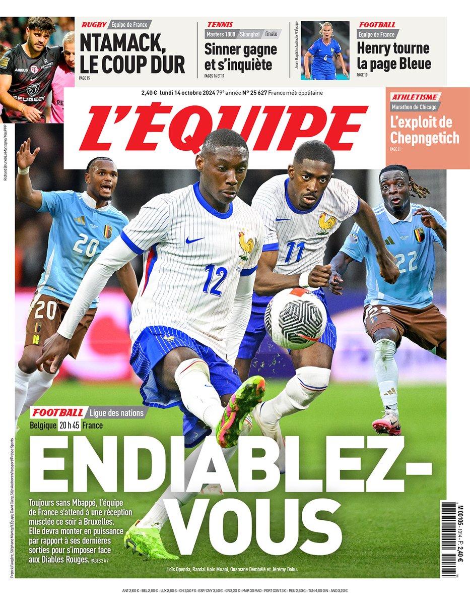 lequipe's tweet photo. 🗞️ La une du journal L'Équipe du lundi 14 octobre 2024    
Pour consulter l'édition : https://t.co/HlmeK5ouSU https://t.co/2C2f3QY8Il