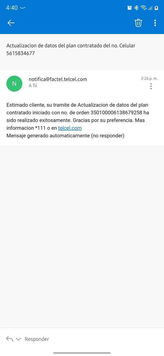 _El_Cochi_'s tweet photo. @ServicioTelcel @Telcel Muchas gracias por la atención. Este es el correo que me llegó. https://t.co/dZ2zQOfcVf