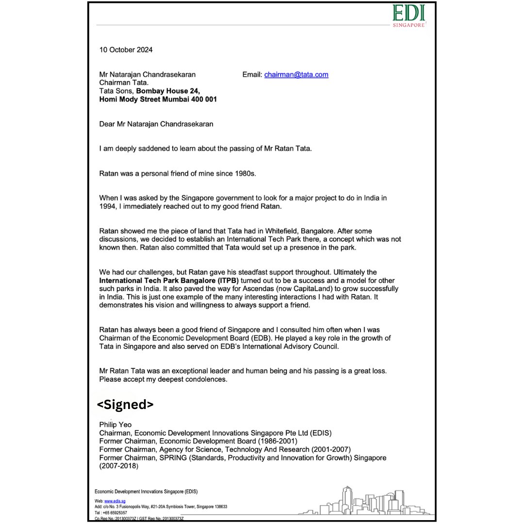 EDIS_SG's tweet image. We mourn the passing of Ratan Tata, the iconic chairman emeritus of Tata Group, who passed away on October 9, 2024, at the age of 86. This is a letter of condolence that our Chairman sent to the family. #RIP #FriendOfSingapore #WhatPYisReading 

loom.ly/01kLoZc