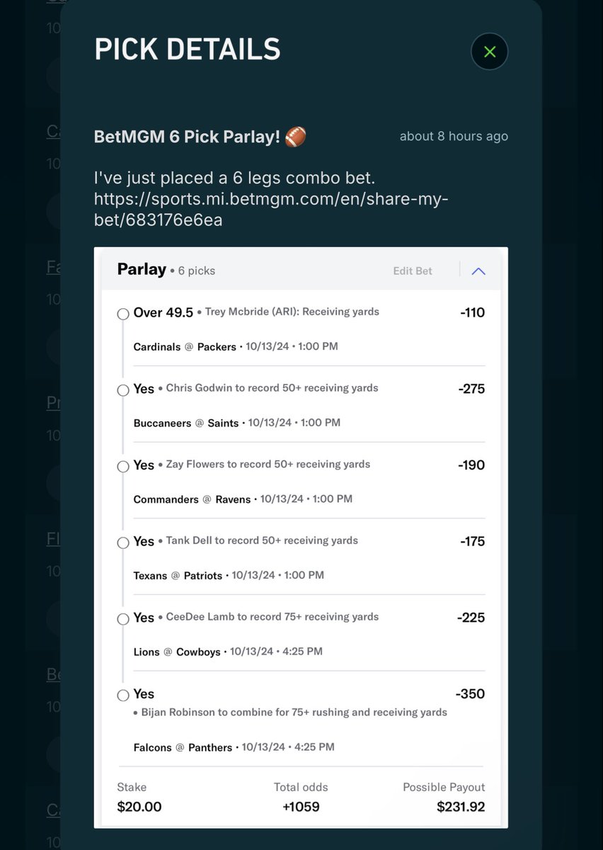 $20 ➡️ $231 💰✅

Posted this slip directly on <a href="/TheBetBucket/">BetBucket</a>! 🔥

Posting a slip for the Bengals / Giants game soon! Code “SUNDAY” will get you 50% off your first month! 🚨
betbucket.com/creator/2ccd2-…

#GamblingTwitter #SportsBetting