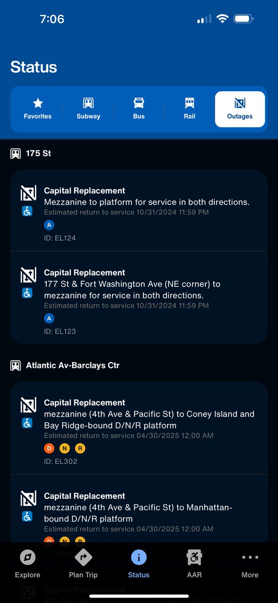 As a wheelchair user who lives in Washington Heights I rely on A/C trains - rn elevators are out at 175th, 125th, 59th, 50th, 42nd, 34th, 14th. That leaves 168th/181st then nothing until W 4th. I get there are budget issues but this is just poor planning <a href="/MTA/">MTA</a>