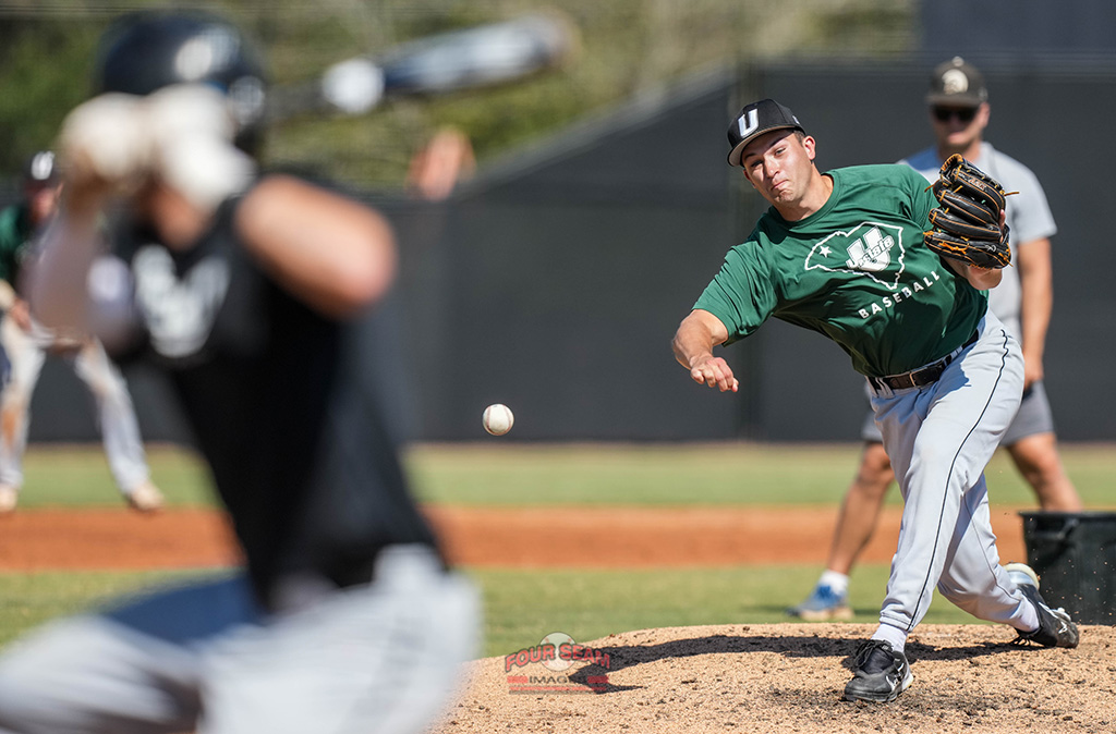 Redshirt sophomore Gabe Helder (37) of the University of South Carolina Upstate Spartans delivers a pitch in a fall intrasquad Green-Black scrimmage on Sunday, October 13, 2024, at Cleveland S. Harley Park in Spartanburg, South Carolina. (Tom Priddy/Four Seam Images)