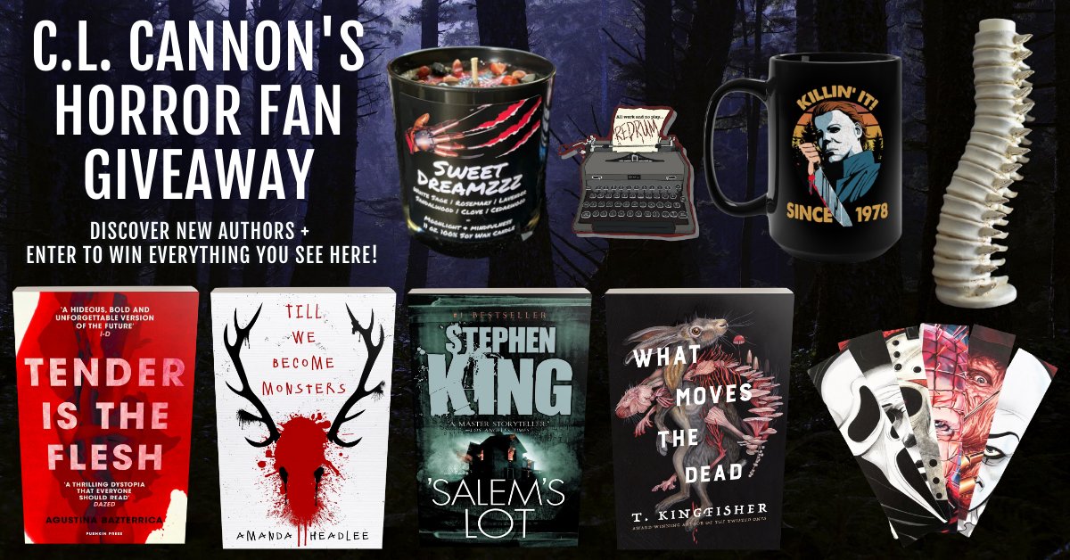 🩸Enter to #win these #Horror books &amp; goodies!🩸

👻Enter: bit.ly/horrorfan24 👻

🧟‍♀️Prizes🧟‍♀️#TenderIsTheFlesh #TillWeBecomeMonsters #SalemsLot &amp; #WhatMovesTheDead + #FreddyKruger candle, #MichealMeyers mug, spine candlestick, horror baddies bookmarks, &amp; #Redrum sticker!