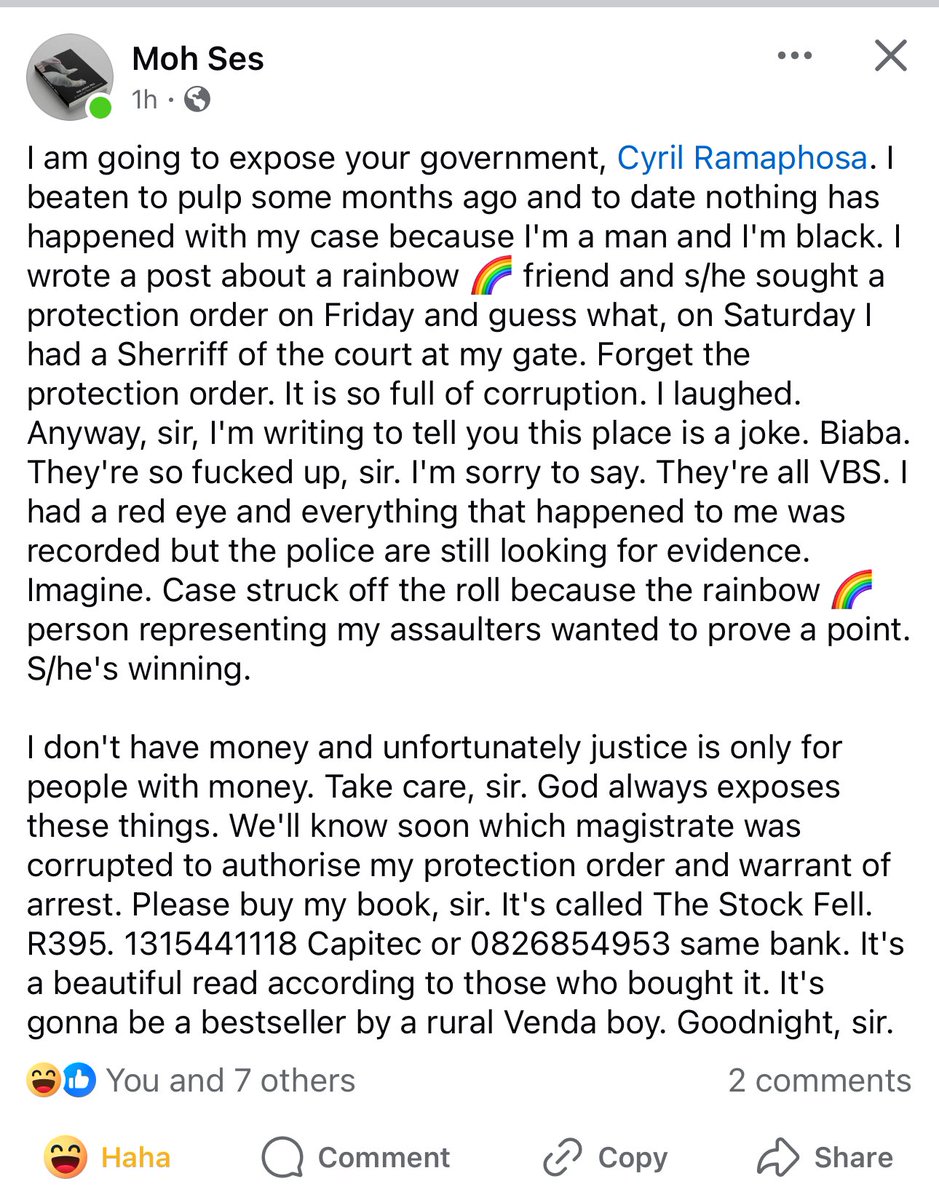 Lu_TaMo's tweet photo. @CyrilRamaphosa @GovernmentZA @SAPoliceService @SABCNews @SABCNews_Radio 
I watched this whole thing unfold on my Facebook feed and it’s kinda sad. The book is really good though. This gent is a great writer. The allegations are pretty serious and should be investigated. https://t.co/YBaPqBkyOz