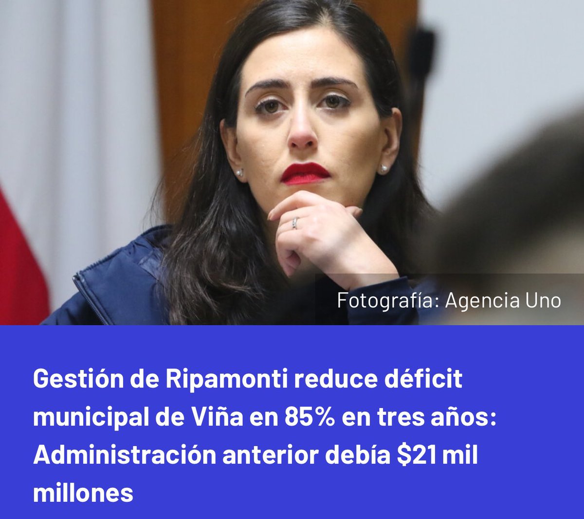 Bajo la gestión de la alcaldesa Macarena Ripamonti, el municipio de Viña del Mar ha reducido su déficit financiero en un 85%. En 3 años, pasó de $21 mil millones a $3.218 millones.

¡No olvidemos cómo recibimos el municipio tras la corrupta administración de Reginato!