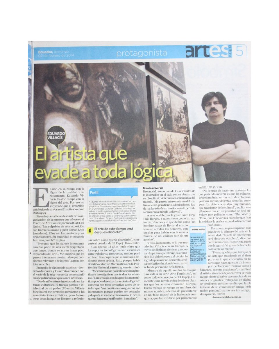 ✨ La historia del arte en el periodismo ✨
Hace 10 años, el suplemento Artes Cultura, destacaba la exhibición del artista Eduardo Villacís en el CAC de Quito. 🖼️

📢 “El arte de este tiempo será después obsoleto” - Eduardo Villacís

🎨 #ArteEcuatoriano #PeriodismoCultural