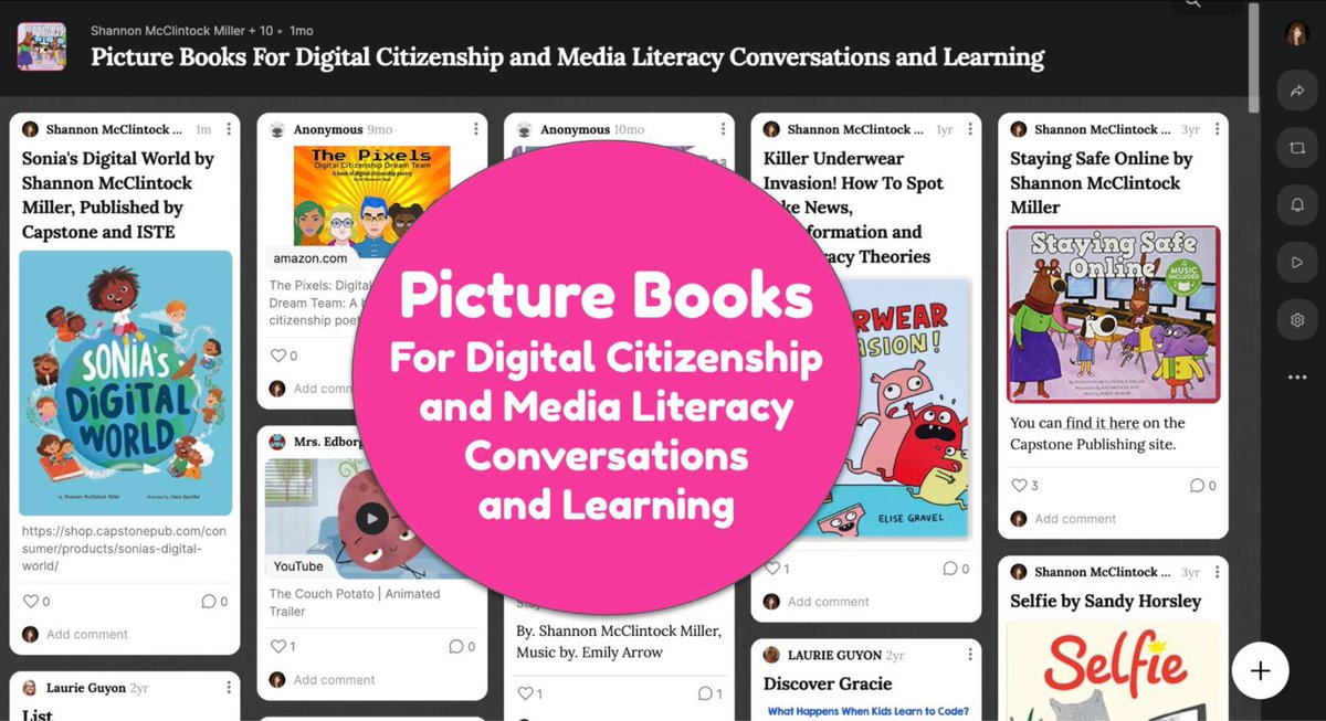 We all using picture books to celebrate Digital Citizenship Week. It's the perfect way to have conversations, teach skills, connect to learning and projects, and so much more.📚

Check out this <a href="/padlet/">Padlet</a> filled with Picture Books for Digital Citizenship and Media Literacy