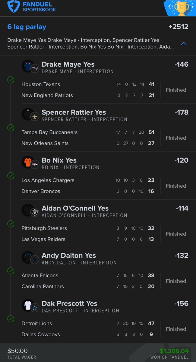 onlyparlays's tweet photo. BANG!!! ✅

Cash the 6 leg interception parlay 🔥🔥🔥 https://t.co/jNlxr3GCRQ