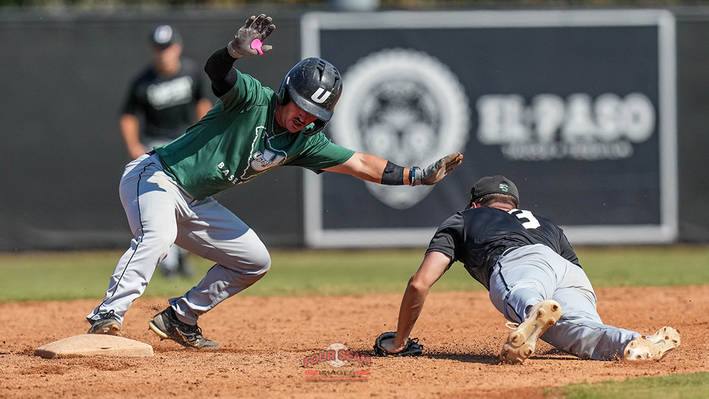 Gage Griggs (15) is safe at second as Jake Armsey (3) lunges to attempt the putout in a fall intrasquad Green-Black scrimmage with the University of South Carolina Upstate Spartans on Sunday, October 13, 2024, at Harley Park in Spartanburg, S.C. (Tom Priddy/Four Seam Images)