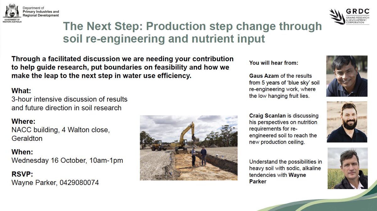 🌱 Exciting event coming up in Geraldton 🌱

Join DPIRD research scientists Dr Gaus Azam, Dr Craig Scanlan, and Wayne Parker as they discuss soil research 🌿

Hear about current results and the future direction of our research 💡

Be part of the conversation and RSVP now 🗓️
@GRDC