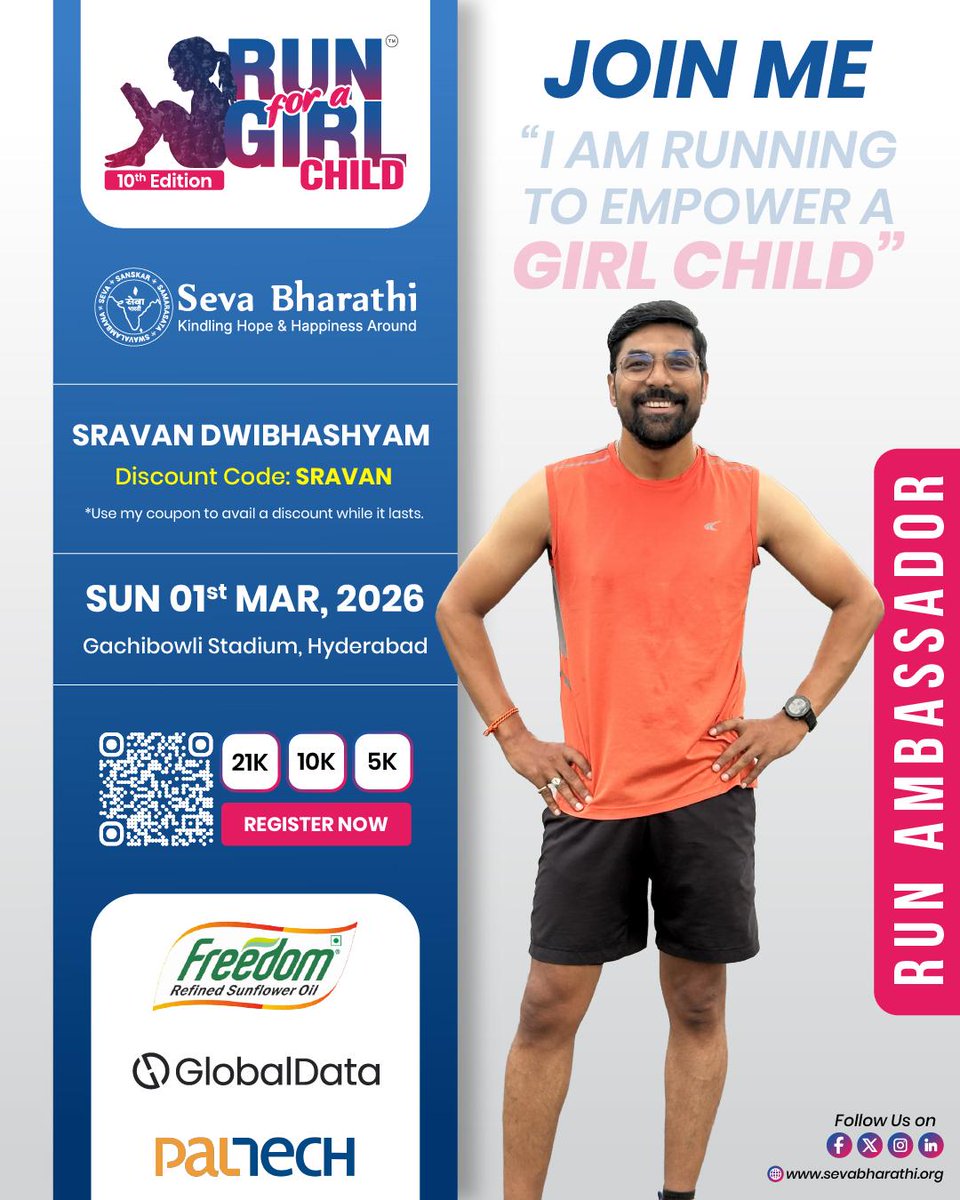 sevabharathitg's tweet photo. Excited to welcome Sravan Dwibhashyam as an Ambassador for the 10th Edition of RFGC!

Join the run that empowers  girls!

Register: https://t.co/qYelhxauqY
Use code SRAVAN for discounts
#RFGC10 #SevaBharathiTelangana #RunAmbassador
@FreedomOil_In 
@globaldataplc @paltechconsltng https://t.co/yiTKH3y73C
