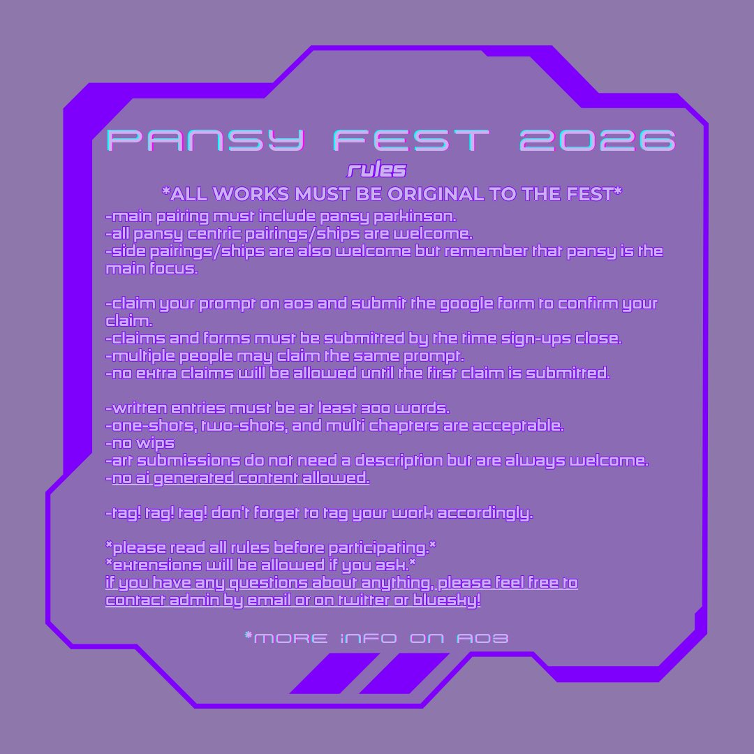 Pansy Fest 2026 is officially open! Here are the Important Dates &amp; Rules! Let me know if you have any questions! With 50 prompts, I can’t wait to see what everyone comes up with this year!💜
-
Prompt List: archiveofourown.org/collections/Pa…
Google Form: forms.gle/EyMXdr3WRs5AmH…