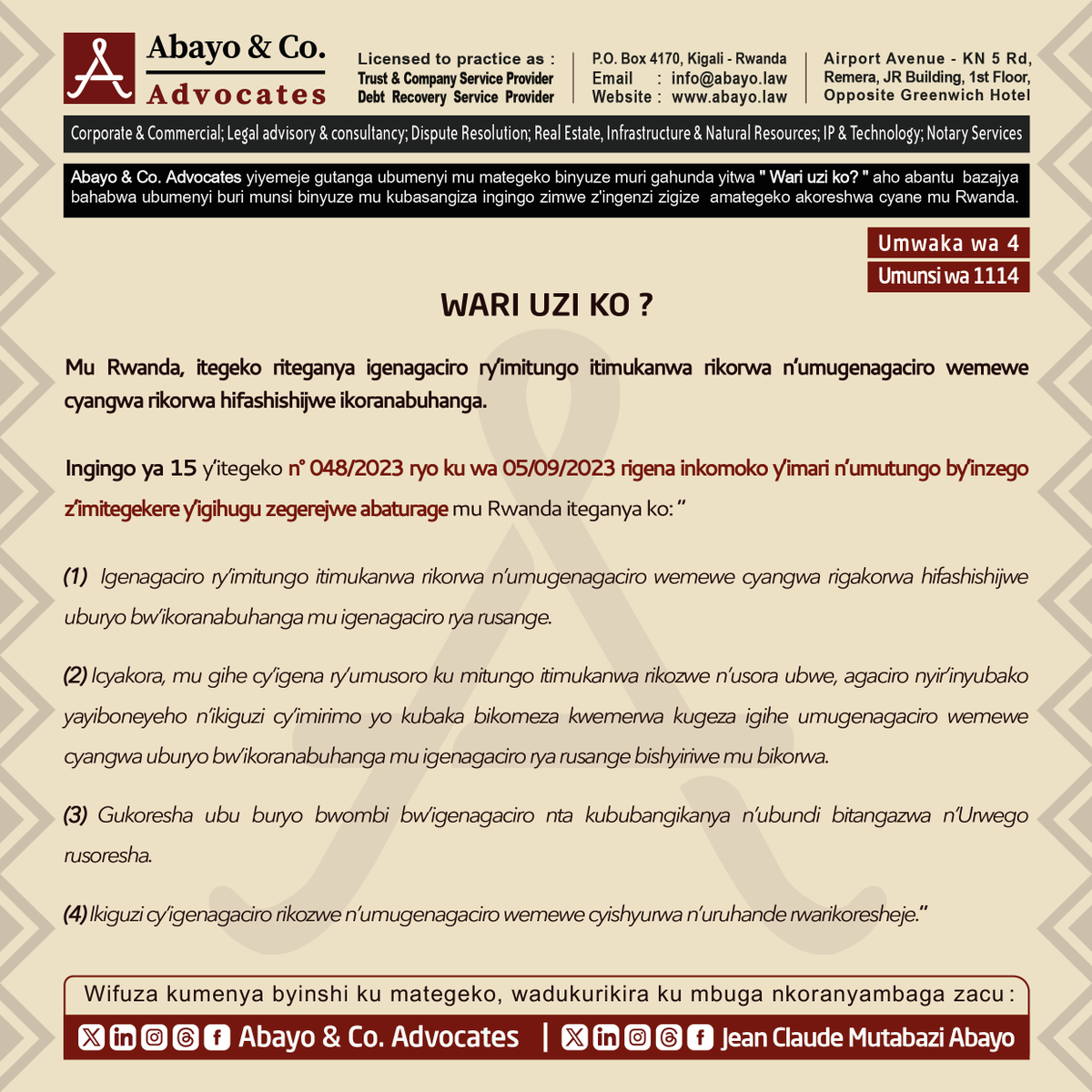 ◉  Wari uzi ko igenagaciro ry’imitungo itimukanwa rikorwa n’umugenagaciro wemewe cyangwa rikorwa hifashishijwe ikoranabuhanga?

Dore uko itegeko ribiteganya ⤵️

#SomaUmenyeAmategeko #ReadtoKnowtheLaws #TumenyeAmategekoAtugenga #bestlawfirminrwanda #bestlawyersinrwanda