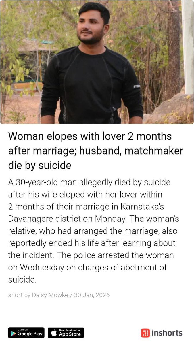 A husband dies by suicide after his wife elopes 2 months into marriage.
85,000 #HusbandSuicide as per NCRB 2023 data &amp; every 6.5 minutes a married men commit suicide in India.
For men, there is outrage, ridicule but no policy, no protection, no support.
This silence is deadly.