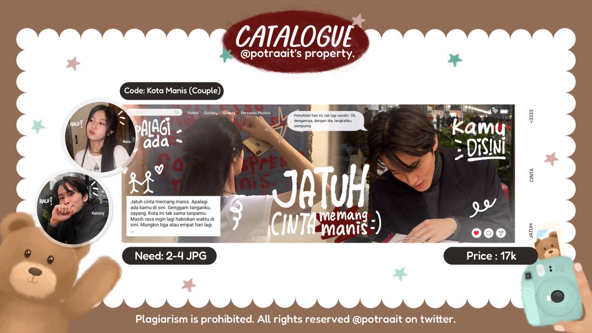 potraait's tweet image. help rt, makasih! ❤️

hai, aku open titipan layout couple &amp;amp; halu "kota manis" dibawah ini! yg mau jajan boleh langsung drop foto + nick + pilih mau yg couple/halu nya aja yaaw! klo mau jajan lewat dm juga boleh langsung ke dm aku aja makasiw🫶🏻

#zonauang