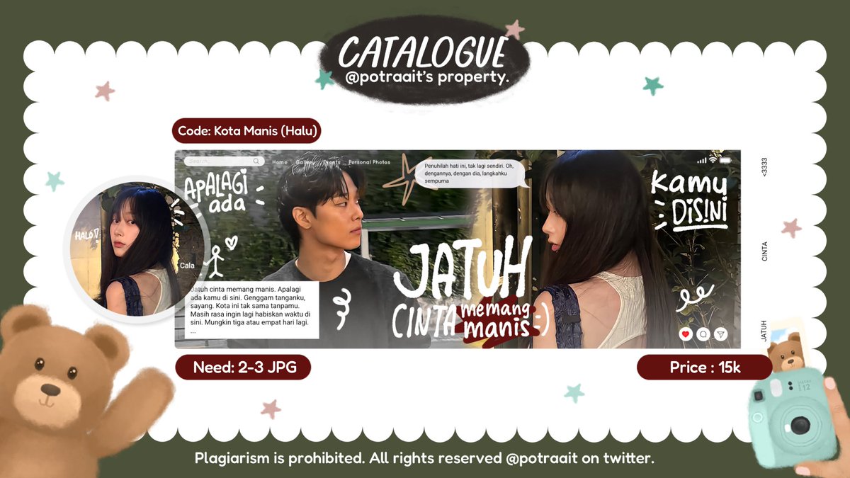 potraait's tweet image. help rt, makasih! ❤️

hai, aku open titipan layout couple &amp;amp; halu "kota manis" dibawah ini! yg mau jajan boleh langsung drop foto + nick + pilih mau yg couple/halu nya aja yaaw! klo mau jajan lewat dm juga boleh langsung ke dm aku aja makasiw🫶🏻

#zonauang