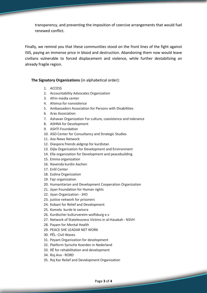 ASO_center's tweet photo. Urgent Appeal to Protect Civilians and Prevent Escalation

Issued by Civil Society Organizations Operating in Northeast Syria to Members of the International Coalition against ISIS, including the United States, the European Union, and Arab States

https://t.co/36Q3VeUieA https://t.co/83VDPFHOAL
