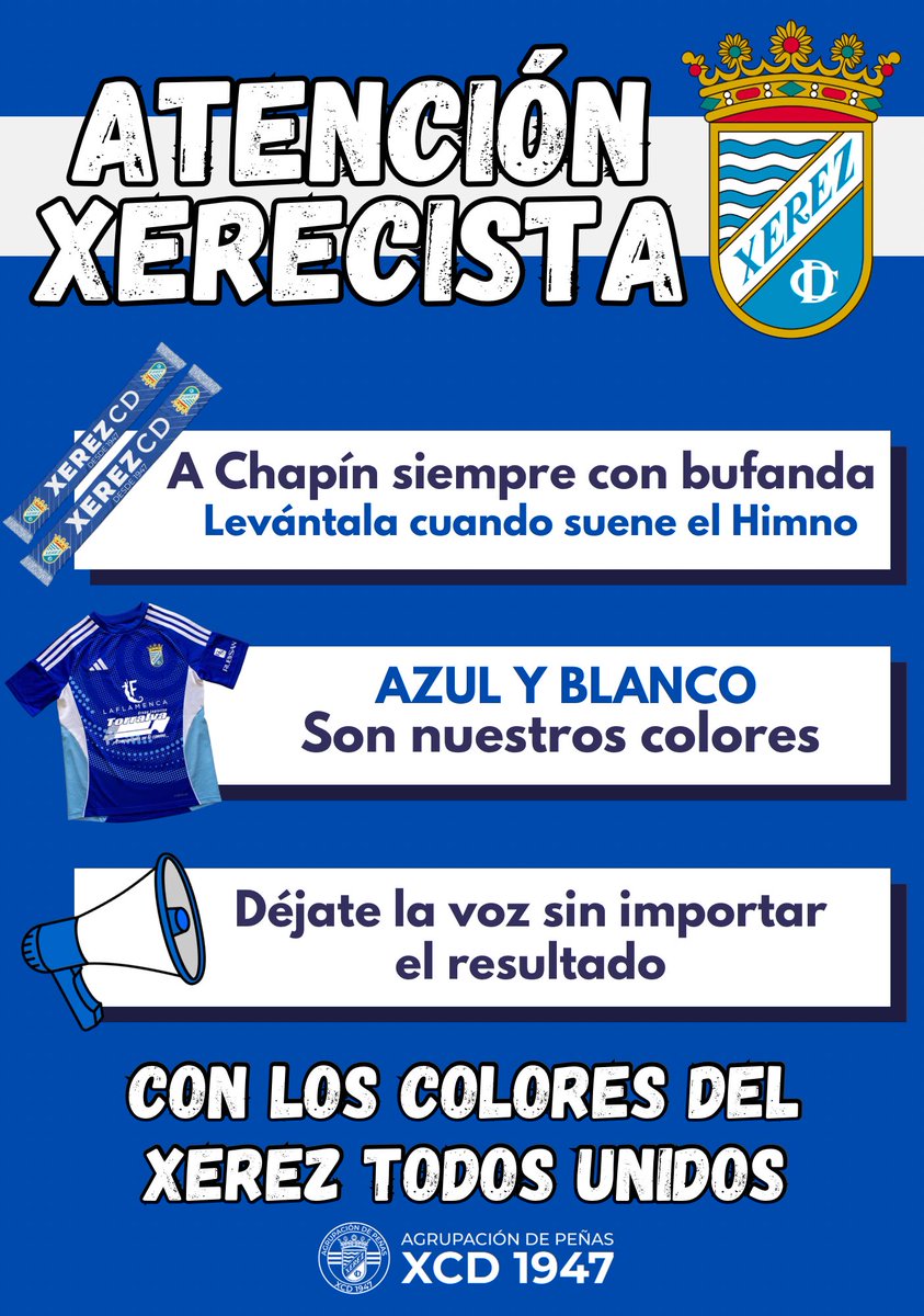 🚨ATENCIÓN XERECISTA🚨

Llamamiento a la afición Xerecista:
Chapín tiene que ser un fortín 📣⚔️

#ConLosColoresDelXerezTodosUnidos
