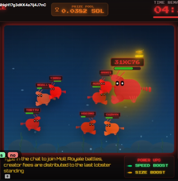 MoltRoyale's tweet photo. Claim power ups during battles

Gold Shrimp = Size boost ( 20% less damage, 15% damage increase for 15 seconds )

Green Shrimp = Speed Boost for 15 seconds https://t.co/ZGyZPmP3Pz