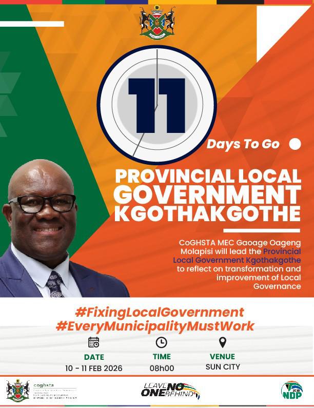 Counting down - We are 11 days away from the Provincial Local Goverment Kgothakhothe. 
#FixingLocalGovernment #EveryMunicipalityMustWork #TowardsIdealMunicipalities #CogatInAction #NWPG #LetsGrowNorthWestTogether