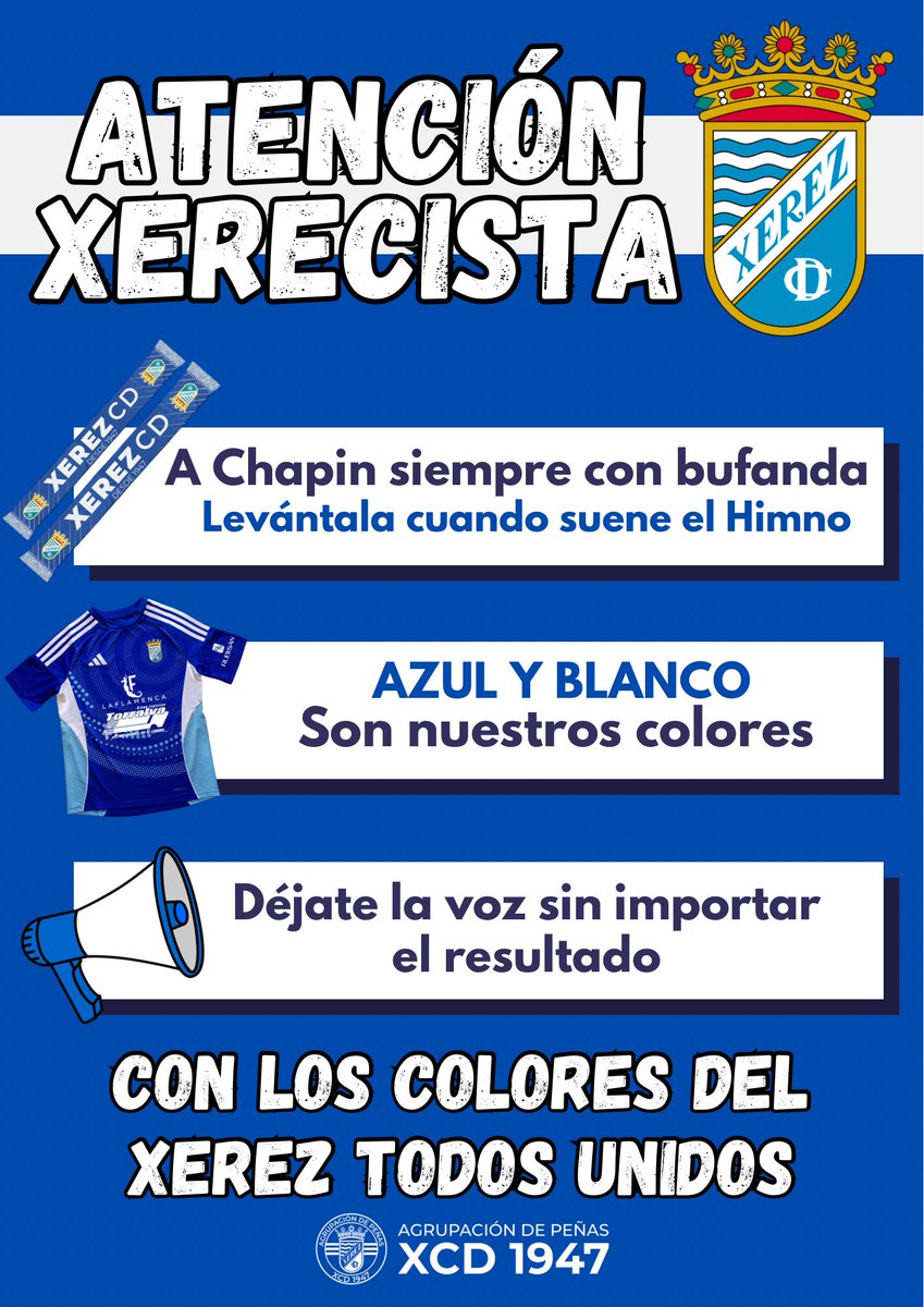‼️ ATENCIÓN XERECISTAS‼️ 
Mañana todos a #Chapin con Nuestros colores  🔵⚪
Nuestra Bufanda 🧣 
Y dejarnos la voz por los nuestros 🗣️
#ConLosCoresDelXerezTodosUnidos #Xerez #XerezMelilla