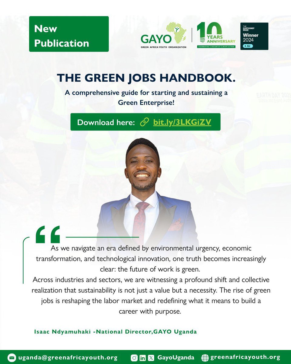 The Green Jobs Handbook is ready for everyone to access and read.
It is well tailored for innovators, professionals and anyone interested in building a career in Sustainability.

The future of Work is Green!

#GreenJobs 
<a href="/GayoUganda/">Green Africa Youth Organization (GAYO Uganda)</a> <a href="/gayoghana/">Green Africa Youth Organization (GAYO)</a> <a href="/EarthshotPrize/">The Earthshot Prize</a>