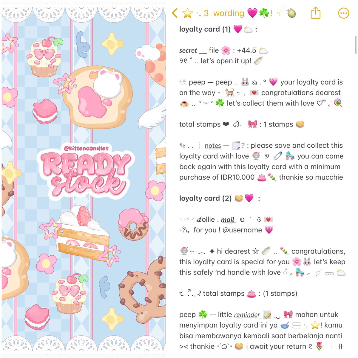 kittencandles's tweet image. 🌸 “PEEP — 🅿️EEP” .. !! 🚌✋
help repost mate! thankie 💗🛼

haii 🐣🩷! hari ini judith bawain 4 template LOYALTY CARD ready stock 🔆🛺 &amp;lt;3 with price only 5.500 / each ajah lho 🍭🍧 ayo jajan sekarang 🍟 &amp;gt;__&amp;lt; pemesanan bisa lewat dm atau tele ya 🍰

tags 🐰 : #zonauang #zonaba