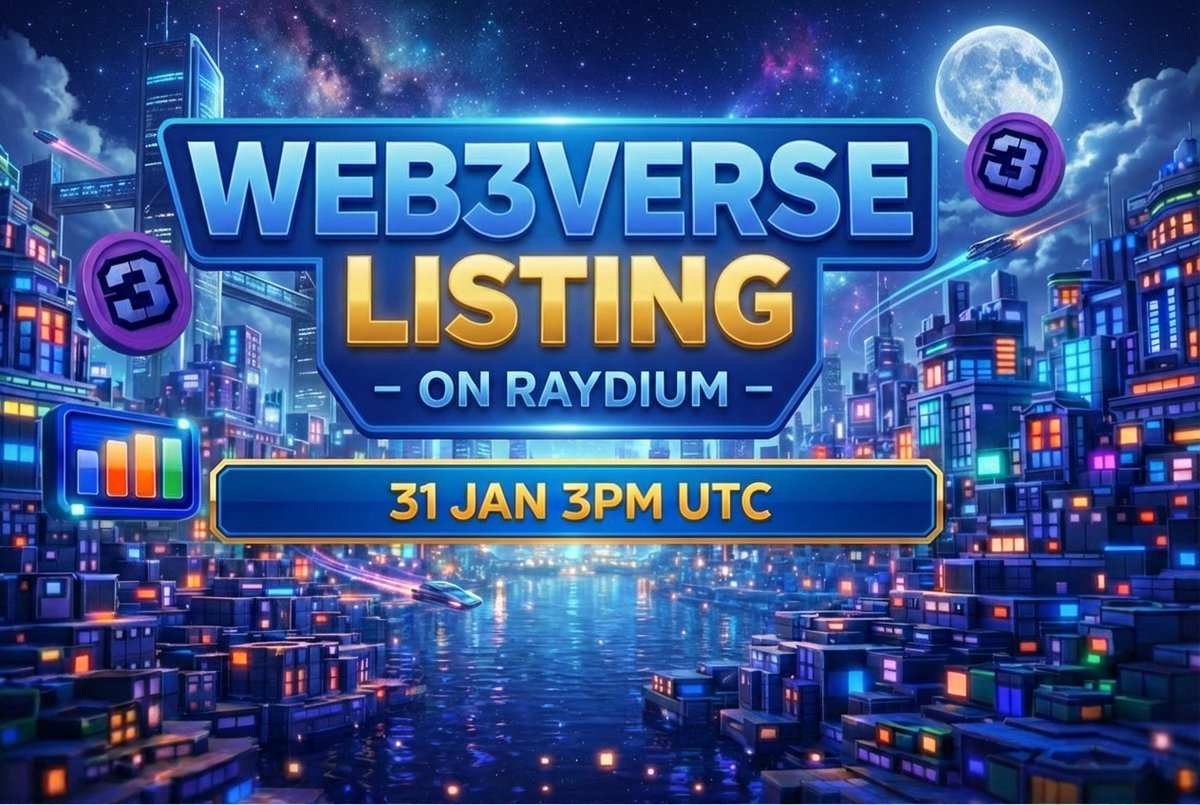 4 HOURS TO GO — $W3V LISTING ON RAYDIUM 

The countdown is on. Web3Verse ($W3V) will be live on Raydium in 4 hours.

📍 CA:
Dyqfkue2m26HjerTtn6ne1MpihkJgWEykqkeuatyYSLv

Stay alert, verify the CA, and get ready.
👾 Connect. Engage. Earn.

#solana #w3v #web3verse #meme