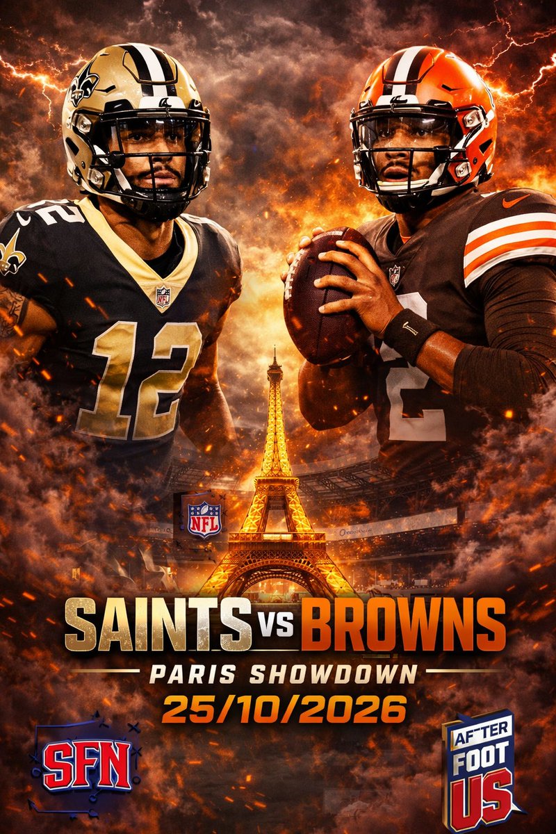 AfterfootUS's tweet photo. 🇫🇷🏈 HISTORIQUE
Pour la 1ʳᵉ fois, un match de saison régulière NFL se jouera à Paris, au Stade de France.
💥 Saints 🆚 Browns
📅 25/10/2026 - SAVE THE DATE !!!

🇫🇷🏈 PARIS SHOWDOWN
Source : @AfterFootUS @SpringFootballNews https://t.co/sj3loFn0DW