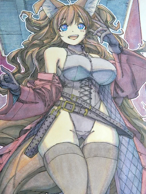 【アナログ2440:エレベーターホールへ】 前から描てみたかったむちむちデッサン。このくらいの描き込みだと、午前中から描き始めても終わるころには夜になる。 #水彩 #原画 #色紙 #狐娘