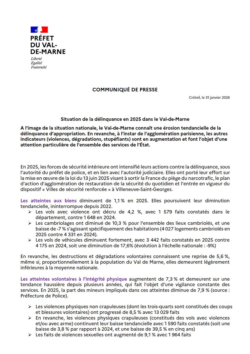 Image de Préfet du Val-de-Marne - #Communiqué | Situation de la délinquance en 2025 dans le Val-de-Marne

Retrouvez notre communiqué ⤵