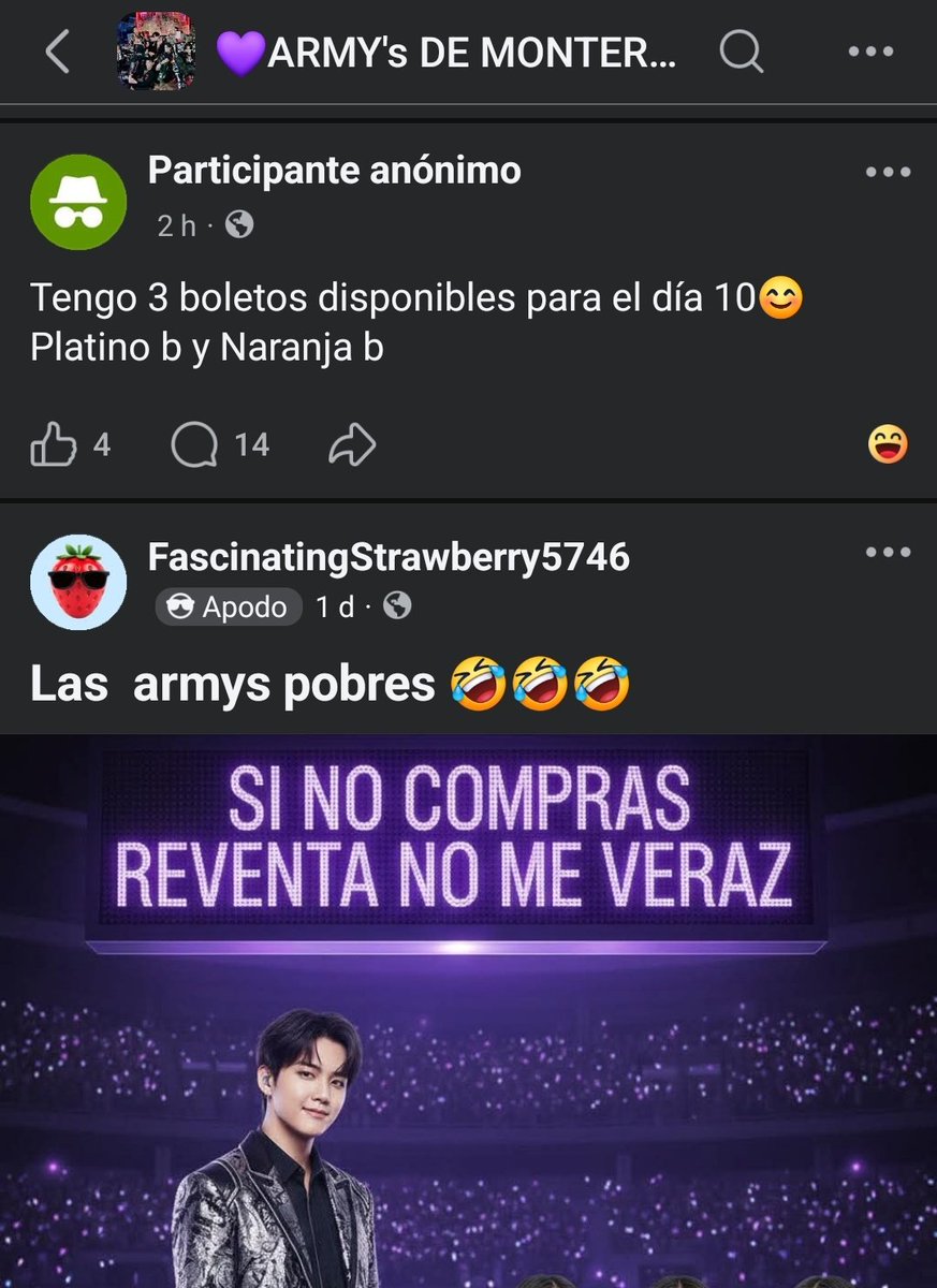 ⚠️‼️ FULL REPORTAR, PLEASE.

●• facebook.com/groups/2891208…

Literalmente esta lleno de revendedores desesperados intentando que se les vendan los boletos y de otros burlandose de nosotros. No de pie a más cosas de este tipo, simplemente reporten hasta que tiremos ese grupo al