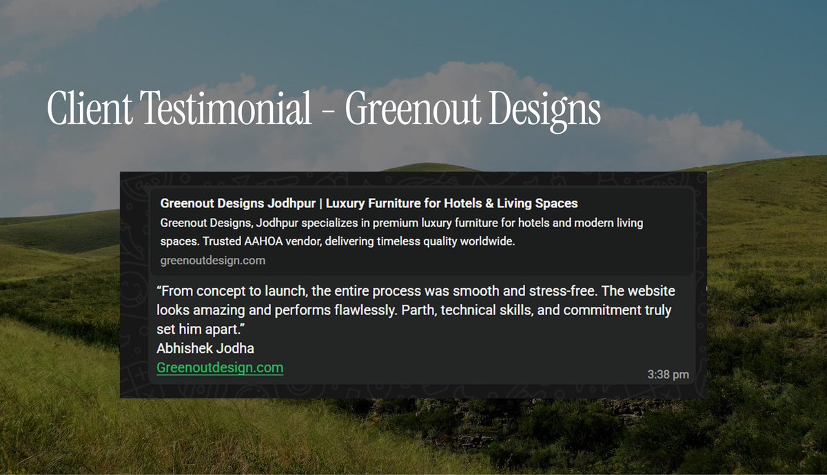 Parthchavan77's tweet photo. Grateful for this kind feedback from Greenout Designs
I recently had the opportunity to design and develop their website in @framer and the entire experience was smooth and collaborative from start to finish.
A special shoutout to Abhishek Jodha and Anup Paul, both were incredibly kind, humble, and supportive throughout the project. 
Thank you to the Greenout Designs team for the trust. On to building more meaningful digital experiences ✨
#ClientTestimonial #WebDesign #Framer #WebsiteDesign #Website