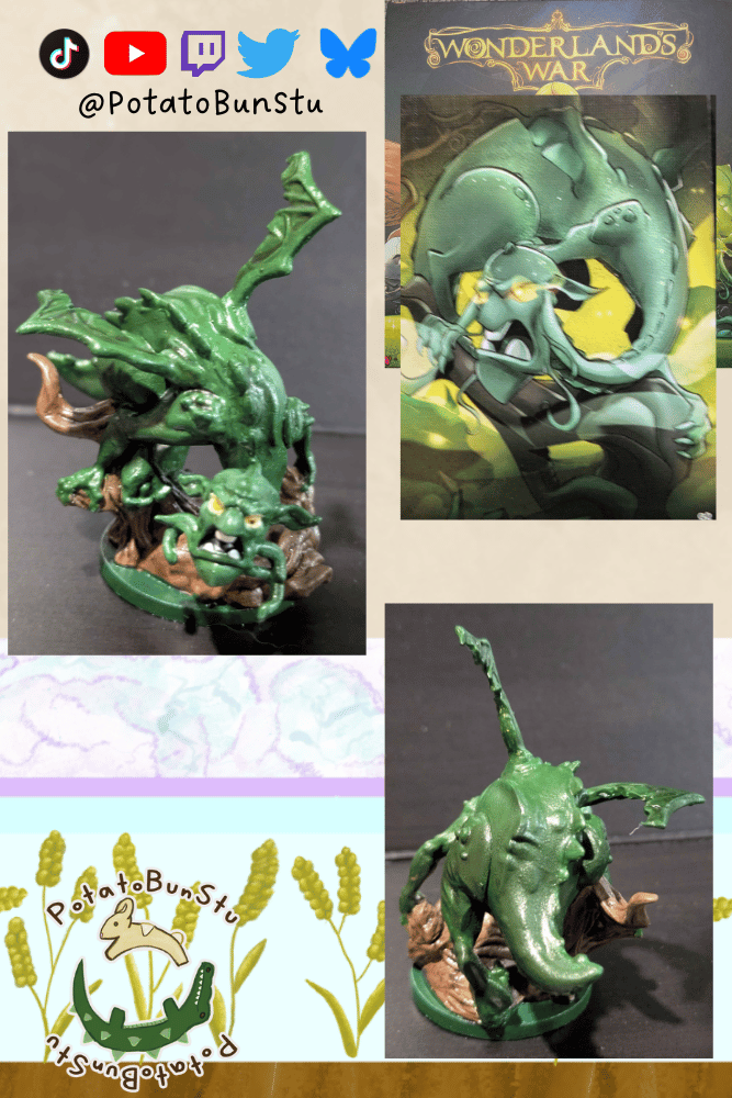 He snarls; he bites. The Jabberwock is to be feared. He was a ton of wet blending a nice brake from all the stripes.
#BoardGameArt #Miniatures #HobbyPainting #wonderlandwars